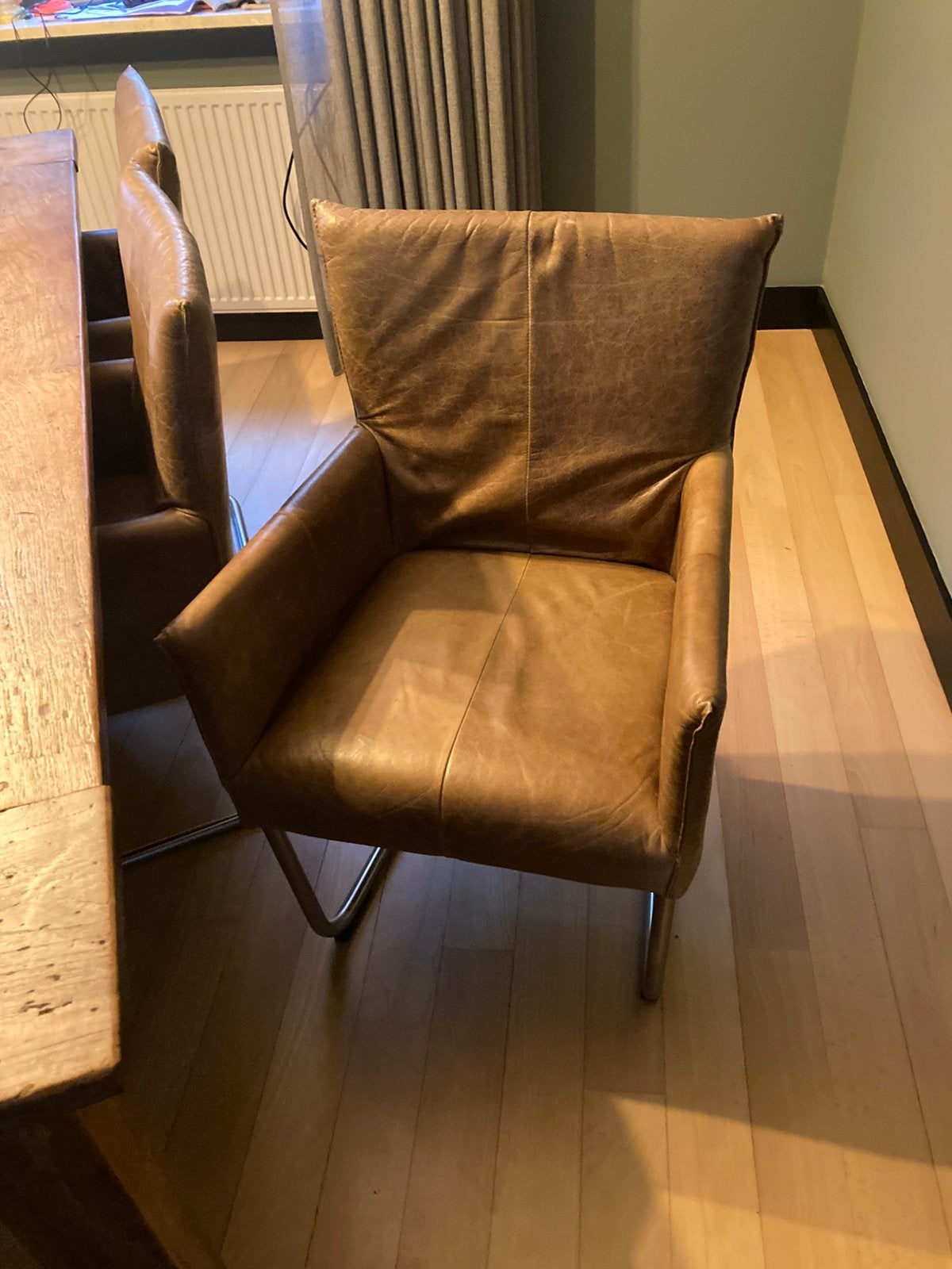Jess lederen luxe eettafel stoelen 6x, Ophalen, Open bruin leder, Gebruikt, Bruin