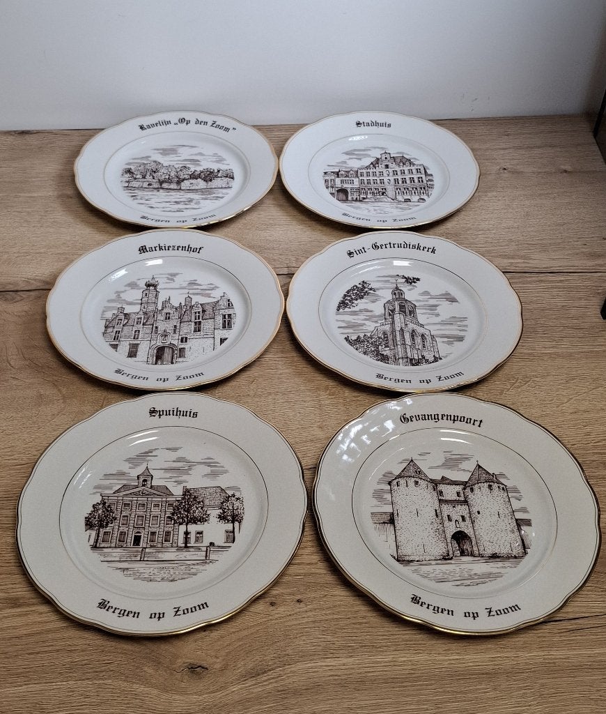 Set van 6 Vintage Wandborden Bergen op Zoom Goudrand, Ophalen of Verzenden