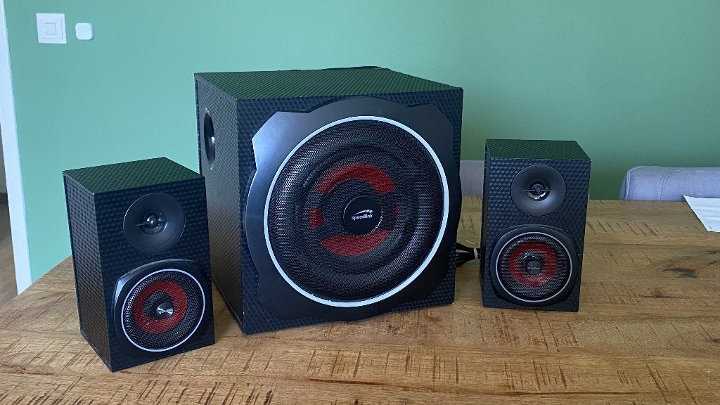 Speedlink Gravity Carbon RGB speakerset incl. subwoofer, Gebruikt, 60 tot 120 watt, Surroundset, Inclusief kabels