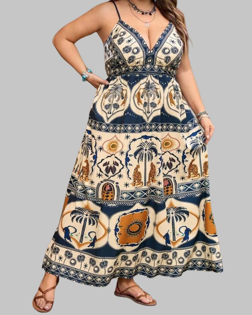 Maxi Jurk met Tropische Print en Luipaarden (54-66), Kleding | Dames, Verzenden, Nieuw, Blauw, Jurk