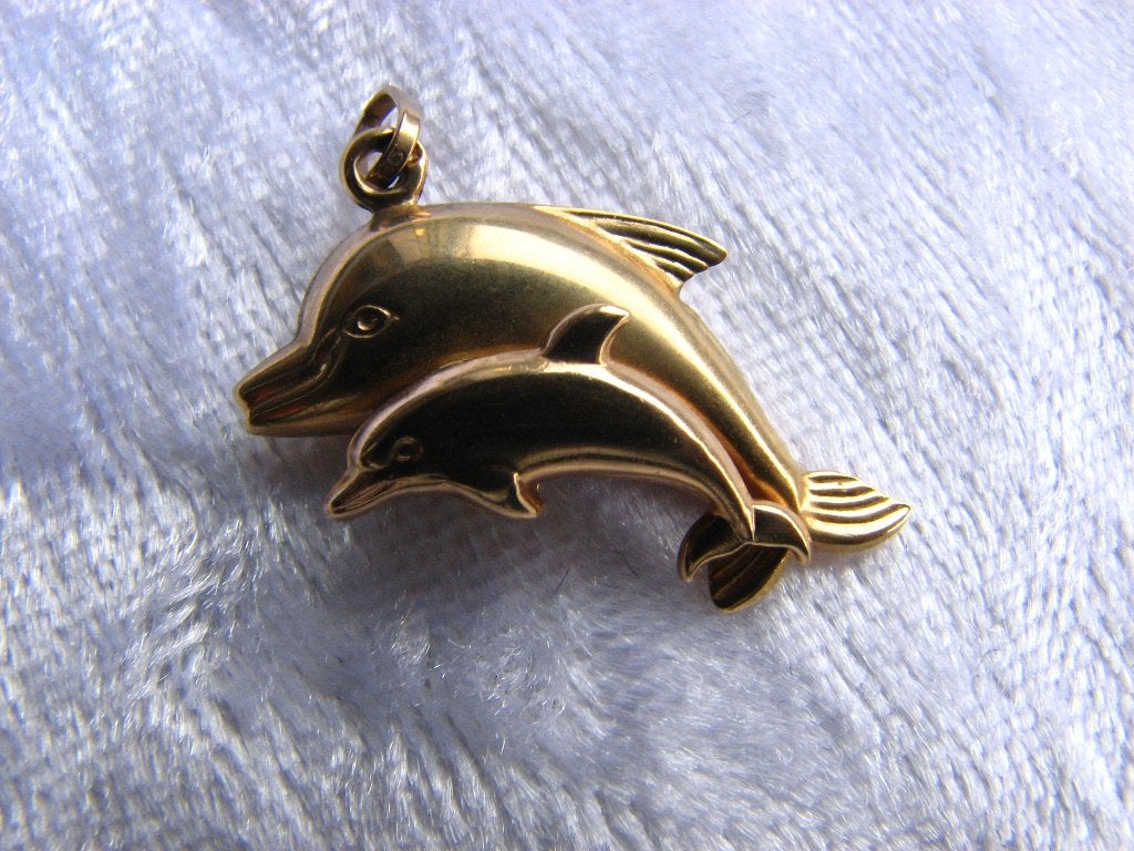 Mooie 14 Karaat Gouden Hanger - 2 Springende Dolfijnen, Verzenden, Goud, Hanger