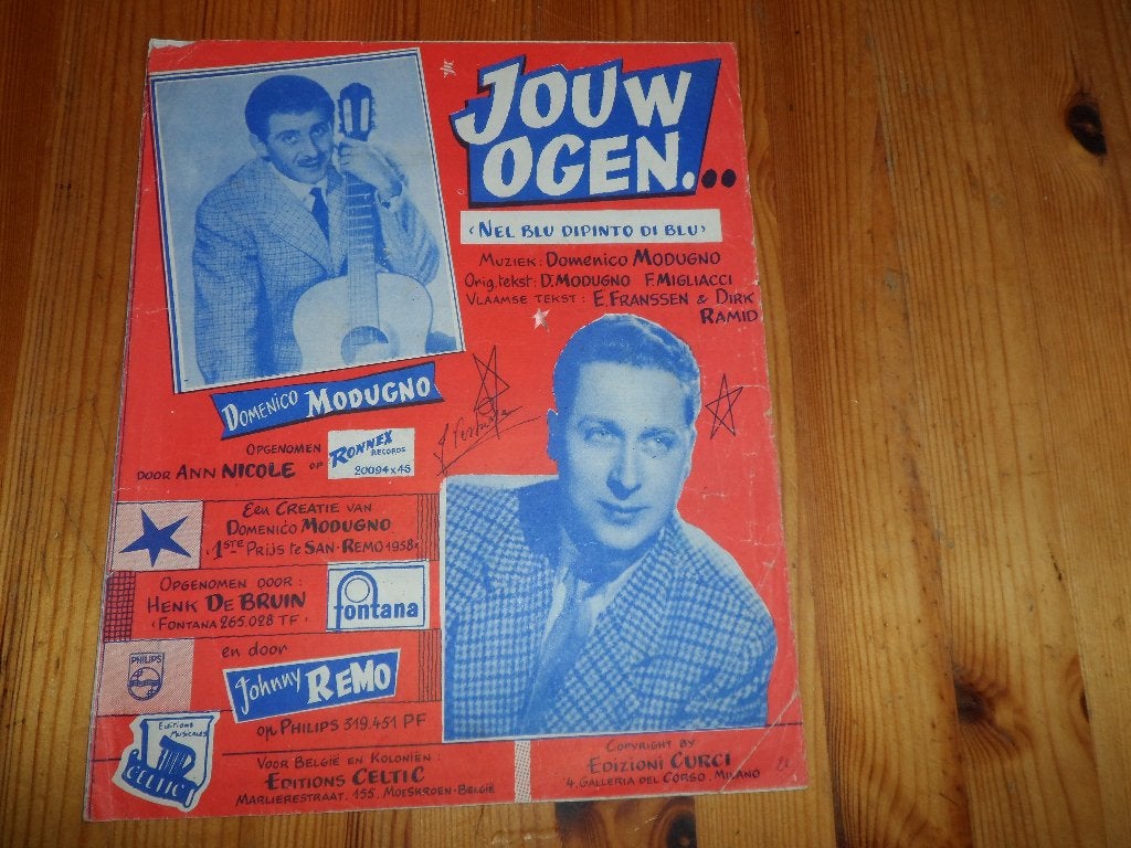 Jouw ogen - d. Modugno - nel blu di pinto di blu / piove, Gebruikt, Gitaar, Ophalen of Verzenden, Artiest of Componist