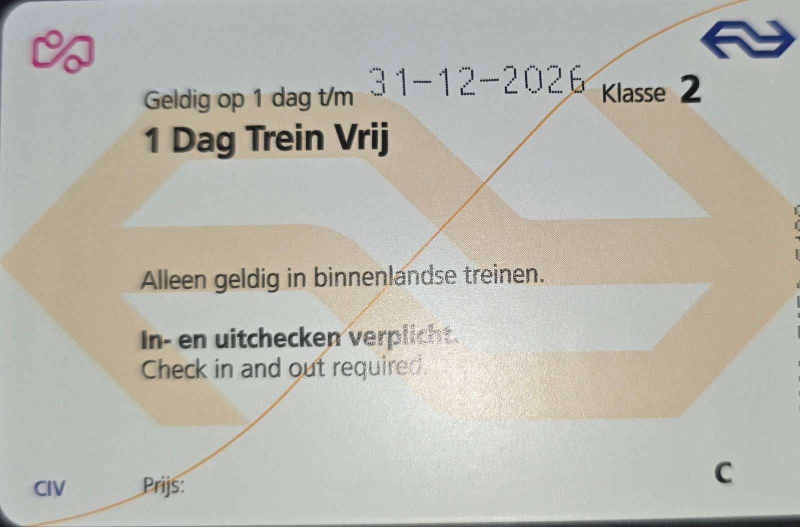 1 Dag Treinen Vrij, treinkaart, NS Dagkaart, Eén persoon, Trein, Algemeen kaartje