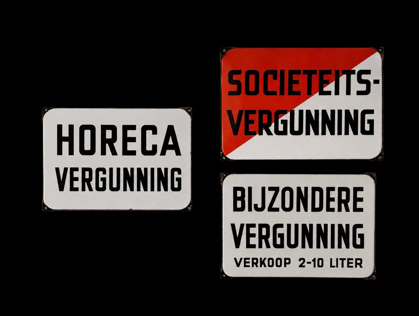 Gezocht !! Deze 3 emaille reclameborden horeca vergunning, Verzamelen, Ophalen of Verzenden, Zo goed als nieuw, Reclamebord