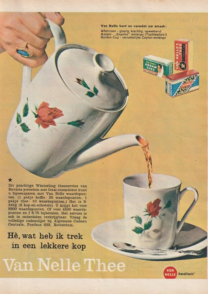 Retro reclame 1966 Van Nelle thee winterling theepot kopje, Verzenden, Overige typen