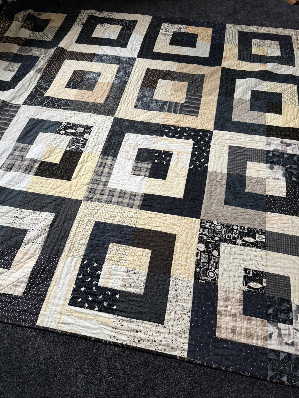Zwart/wit Quilt. Handgemaakt 235/235, Katoen, Zwart, 235 cm, Handgemaakt