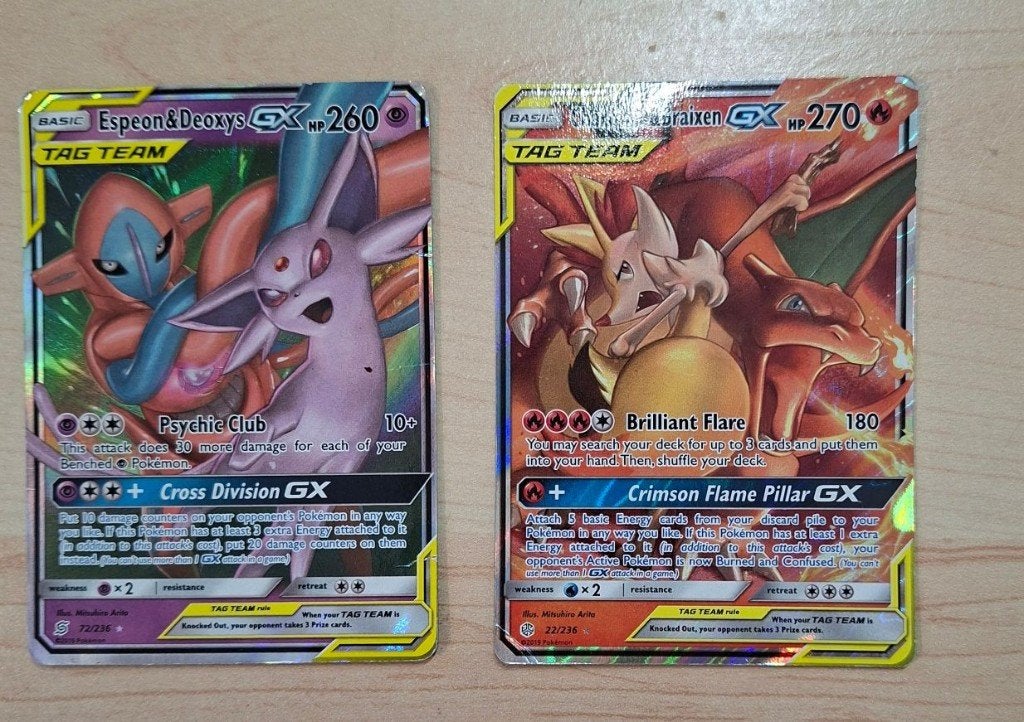 Charizard & Braixen GX 22/236 + Espeon & Deoxys GX 72/236, Ophalen, Gebruikt, Losse kaart, Foil