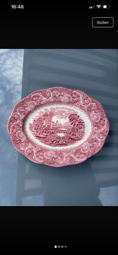 Antiek Ironstone Bord Staffordshire - Roze River Scene, Ophalen of Verzenden