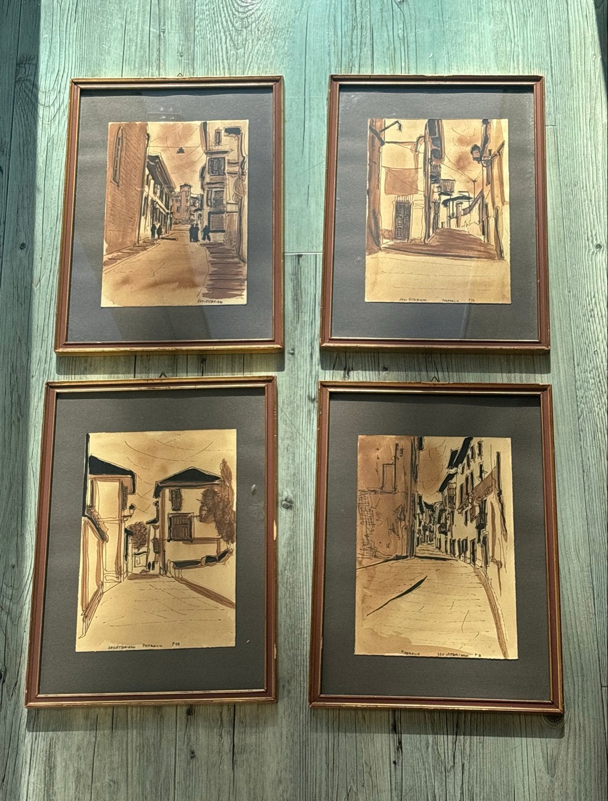 Vintage Italiaanse schilderij inkttekeningen / aquarellen, Ophalen of Verzenden