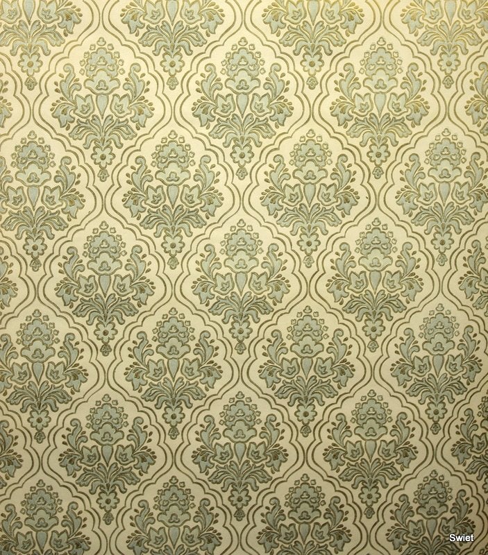 9894 barok vintage behang in ijsblauw en goud swiet, Ophalen of Verzenden, Wit