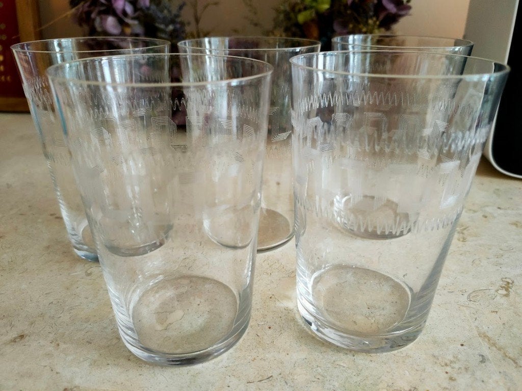 5 antieke Leerdam waterglazen – Grec decor – catalogus 1902, Antiek en Kunst, Ophalen