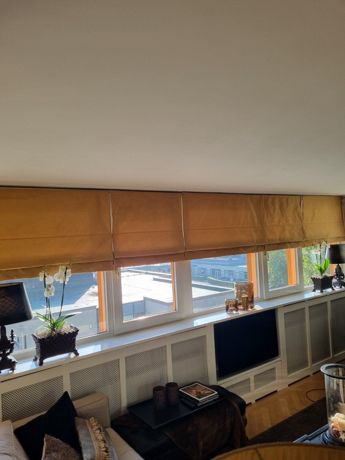 5 gevoerde vouwgordijnen/ blinds caramelkleurig polyester, Ophalen of Verzenden, Zo goed als nieuw, 130 cm