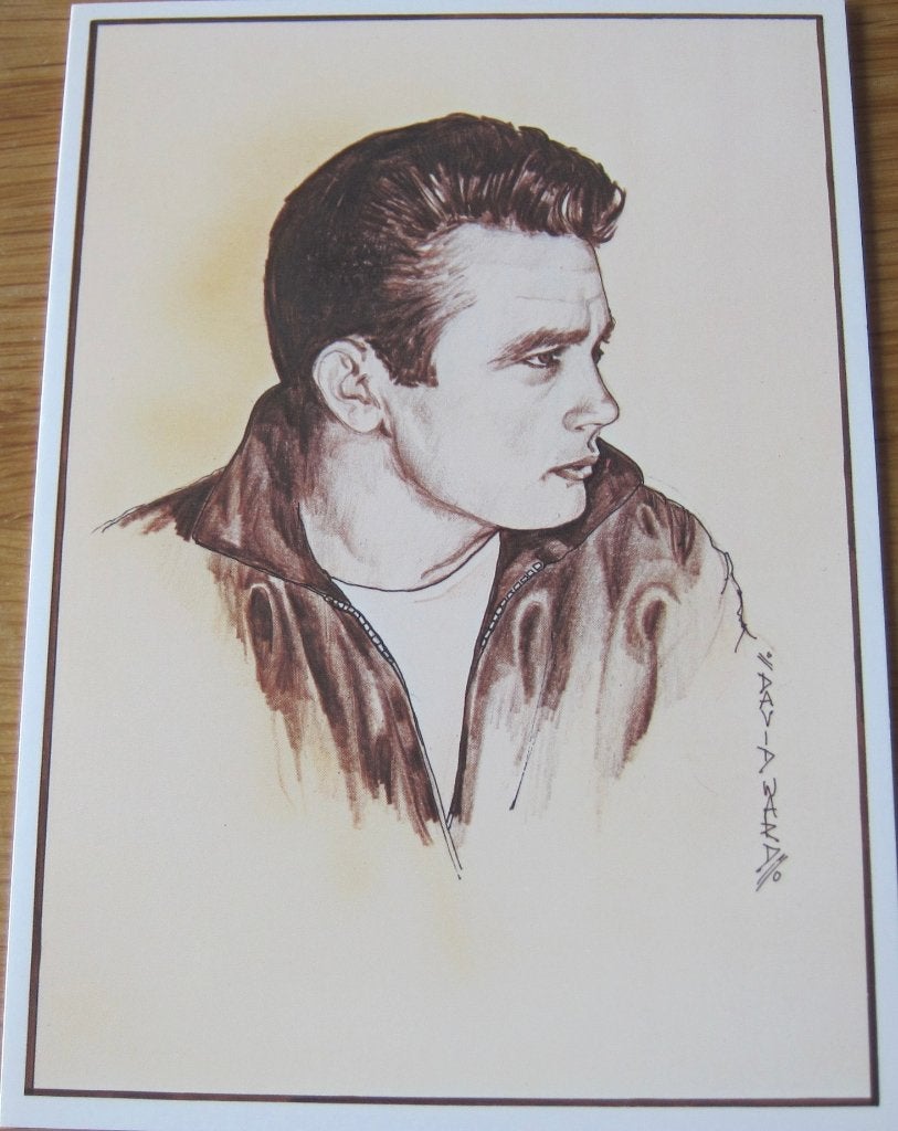 afbeelding van James Dean op nieuwe dubbele ansichtkaart, Verzenden, 1980 tot heden, Ongelopen, Sterren en Beroemdheden