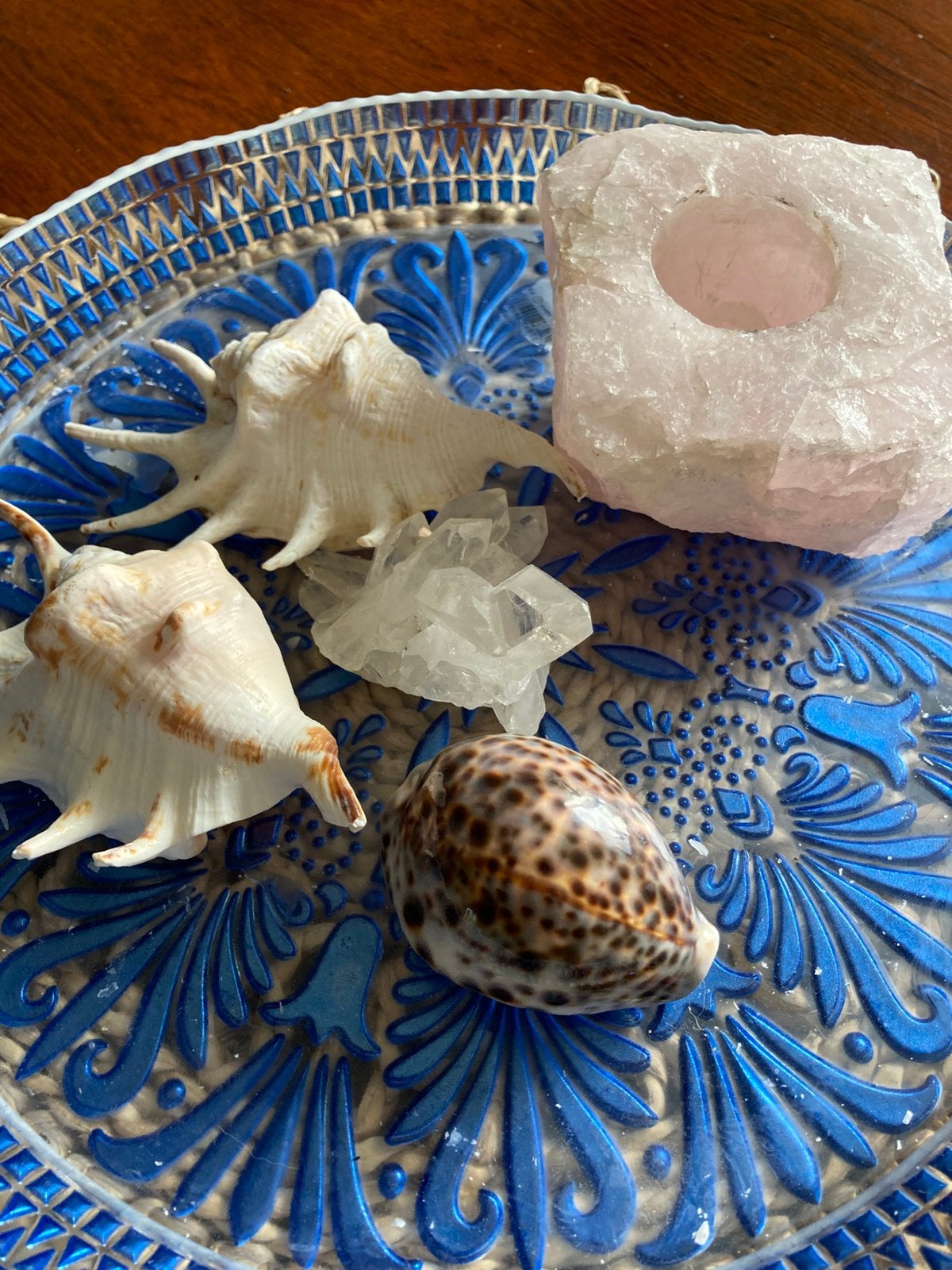 Mineralen stenen rozenkwarts waxinelicht schelp bergkristal, Ophalen of Verzenden, Mineraal