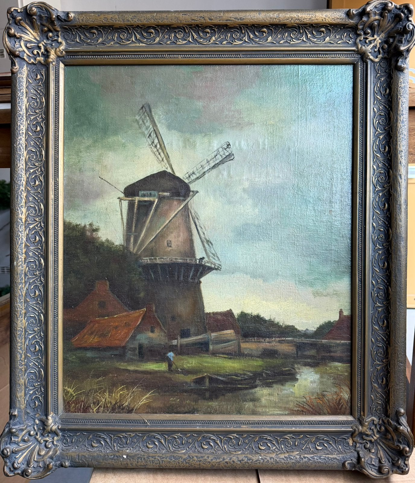 Naar Jacob Maris - stellingmolen aan een vaart, Ophalen, Ingelijst, Doek, Landschap