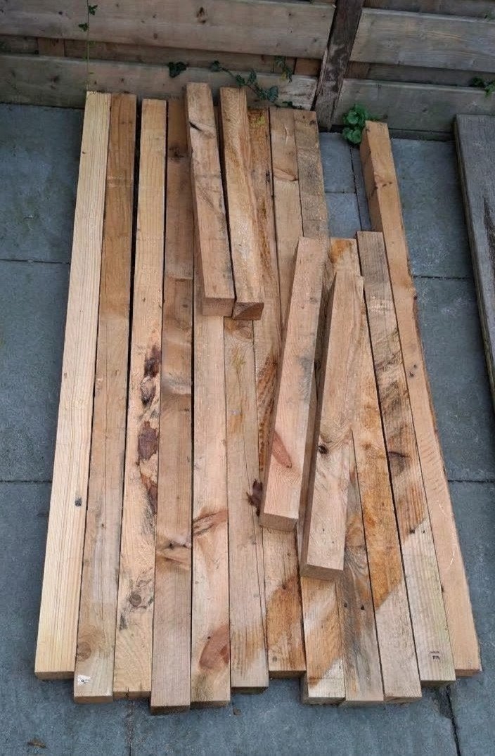 16 houten balken 6,75x6,75 cm - diverse lengtes, Ophalen, Gebruikt, 50 mm of meer, Balk