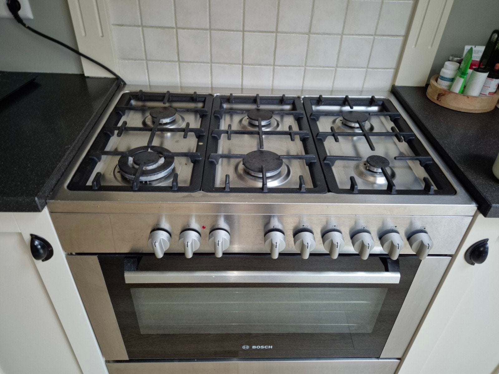 BOSCH RVS Gasfornuis 90 cm 5 Pits met Wokbrander, oven, Ophalen, Gebruikt, Oven, Hete lucht