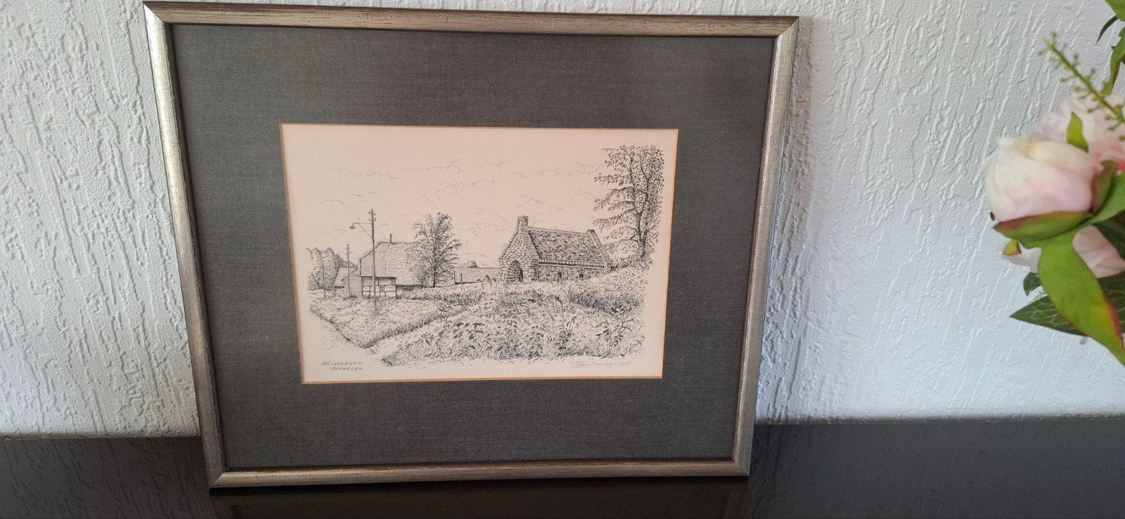 Pentekening St Jozefkapel Hilleshagen - Pierre Delnoy (1985), Ophalen, Tekening, Pentekening, Ingelijst