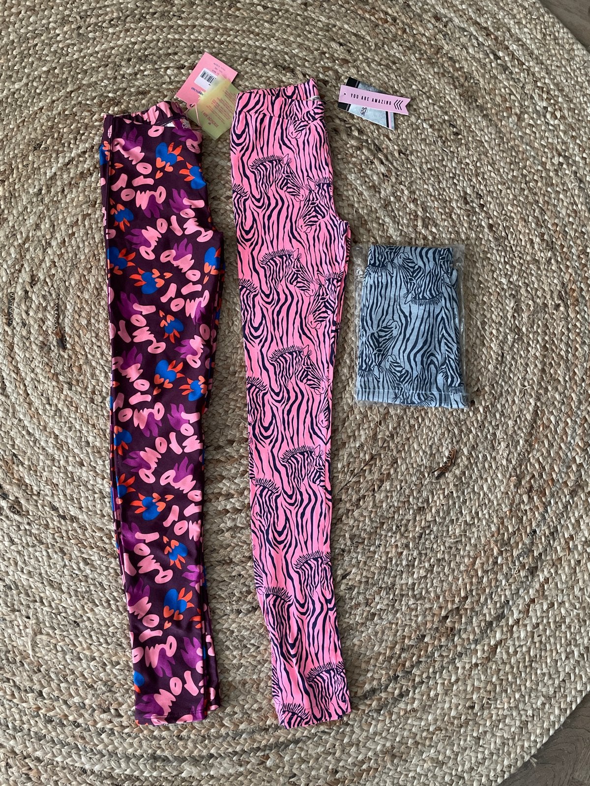 3x Sportieve vrolijke leggings, paars roze grijs, Legging, Paars, Overige maten, Ophalen of Verzenden