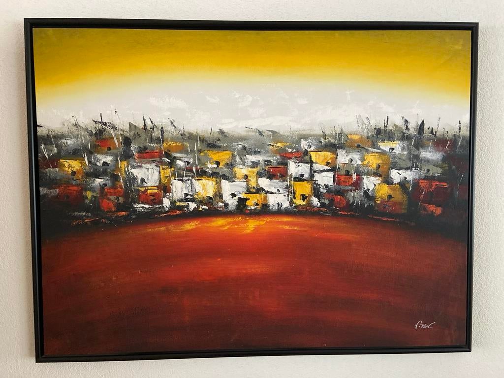 Abstract Schilderij Stadsgezicht- Warme Kleuren, Ophalen of Verzenden
