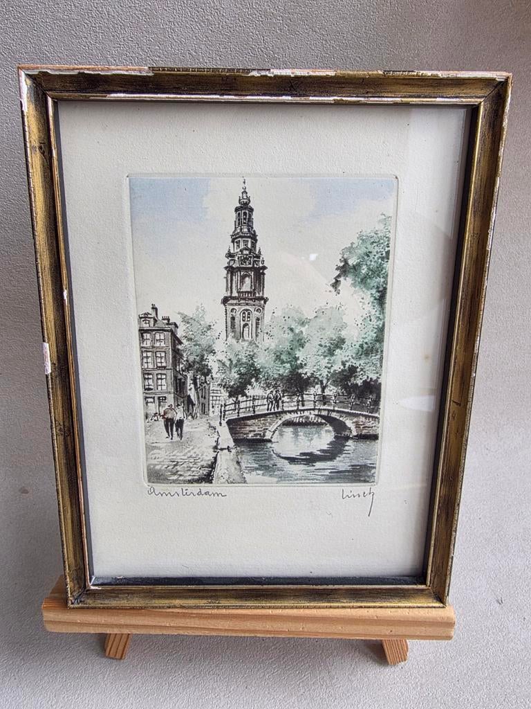 Vintage ingelijste ets van Amsterdam - Westertoren, Ophalen of Verzenden