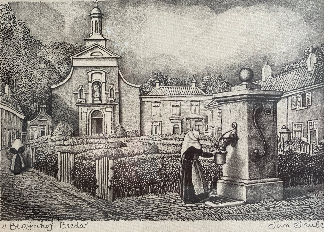 Jan Strube - Begijnhof Breda - Lithografie, gesigneerd, Gesigneerd, Ophalen, Landschappen, Lithografie