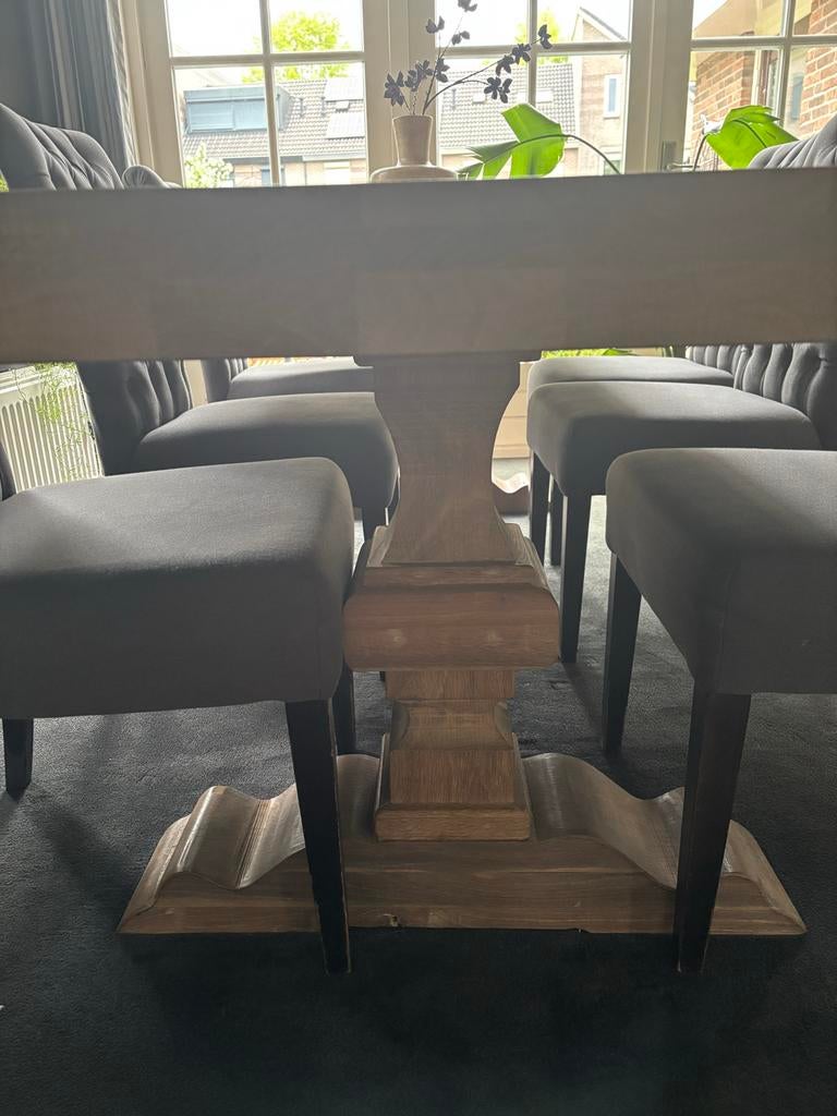 Mooie zware eiken Kloostertafel (2.68x1.00m) + 6 stoelen, Huis en Inrichting, Tafels | Eettafels, Ophalen, Gebruikt, 100 tot 150 cm