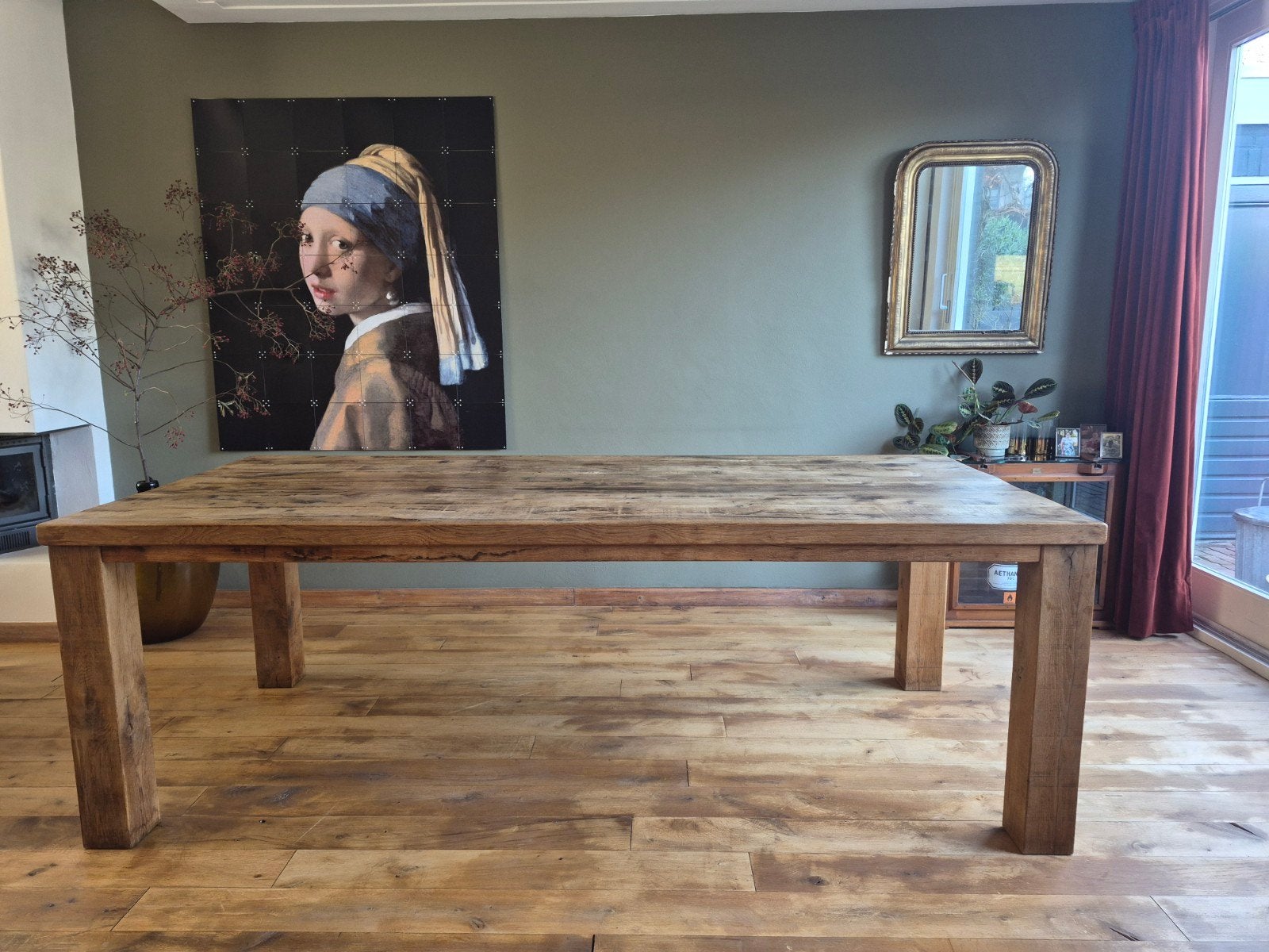 Massief eiken houten blokpoottafel, Huis en Inrichting, Ophalen, Eikenhout, 200 cm of meer, 50 tot 100 cm