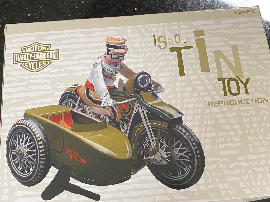 Blikken Harley-Davidson motorfiets met zijspan., Antiek en Kunst, Antiek | Speelgoed, Ophalen of Verzenden