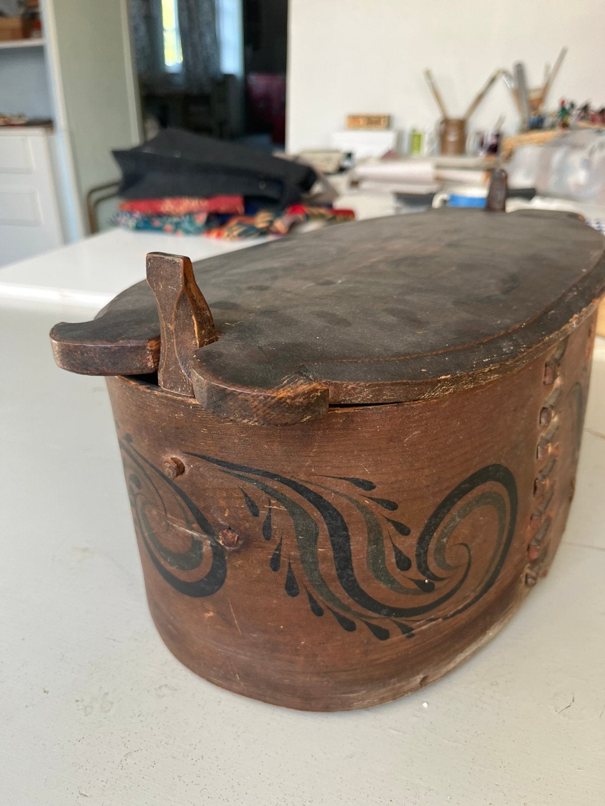 Svepask Zweedse spanen doos antiek beschilderd, Antiek en Kunst, Curiosa en Brocante, Ophalen of Verzenden