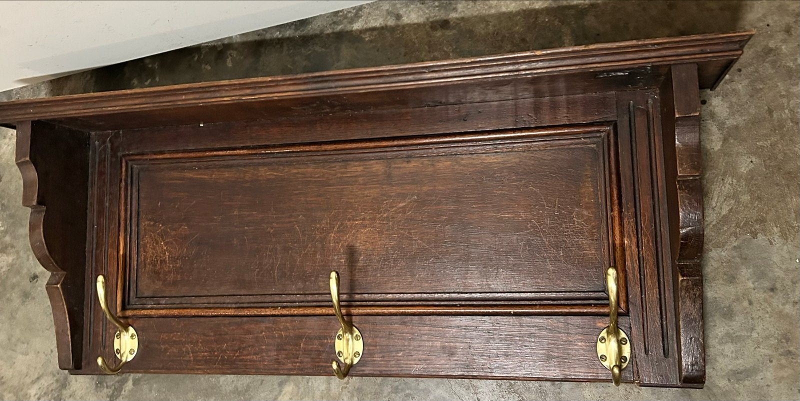 Antieke houten  landelijke wandkapstok met messing haken, Gebruikt, Minder dan 100 cm, Hout, Ophalen
