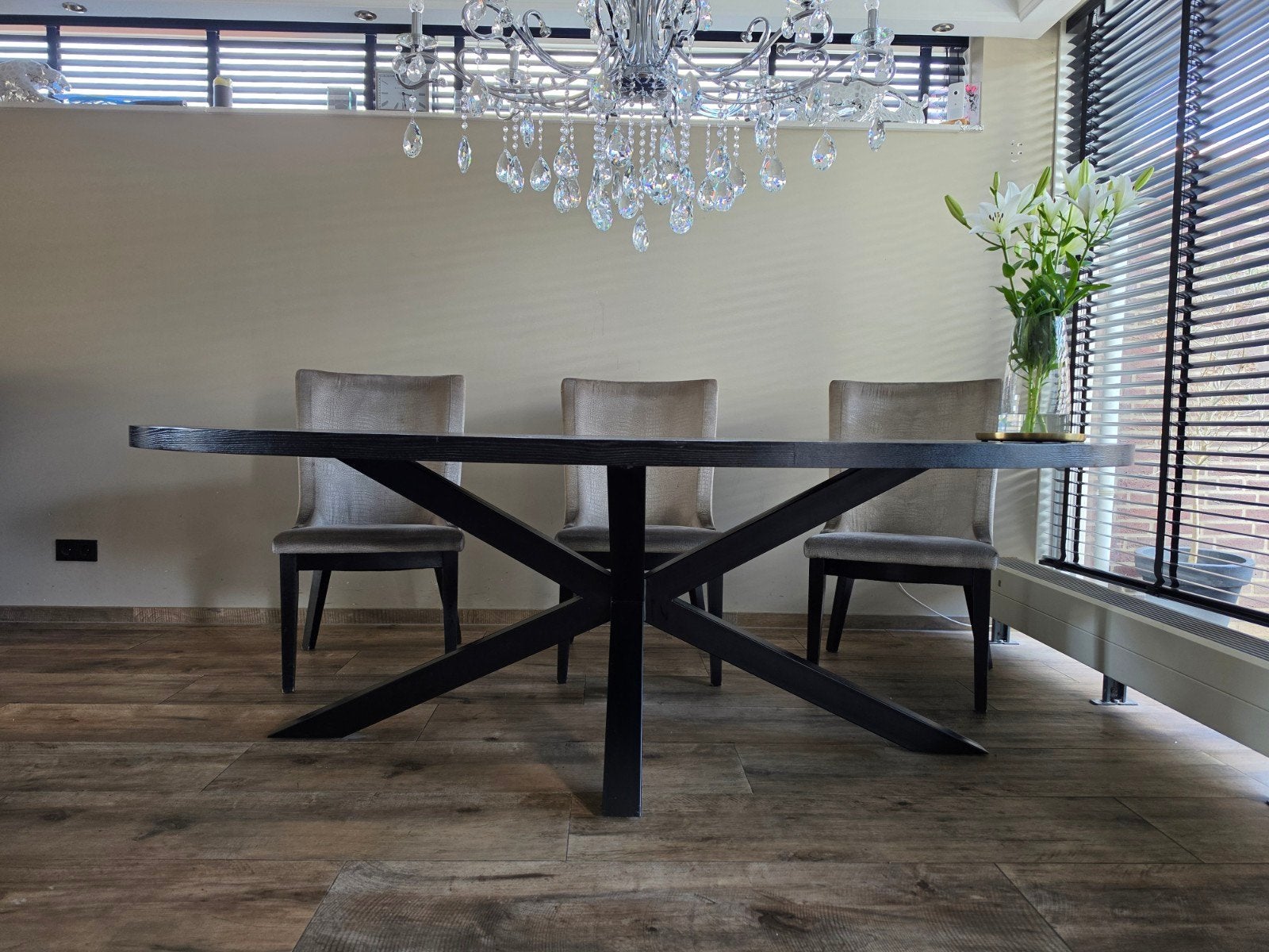 Ovale eettafel 240 met visgraatmotief en 6 stoelen, Ophalen, 100 tot 150 cm, 200 cm of meer, Eikenhout