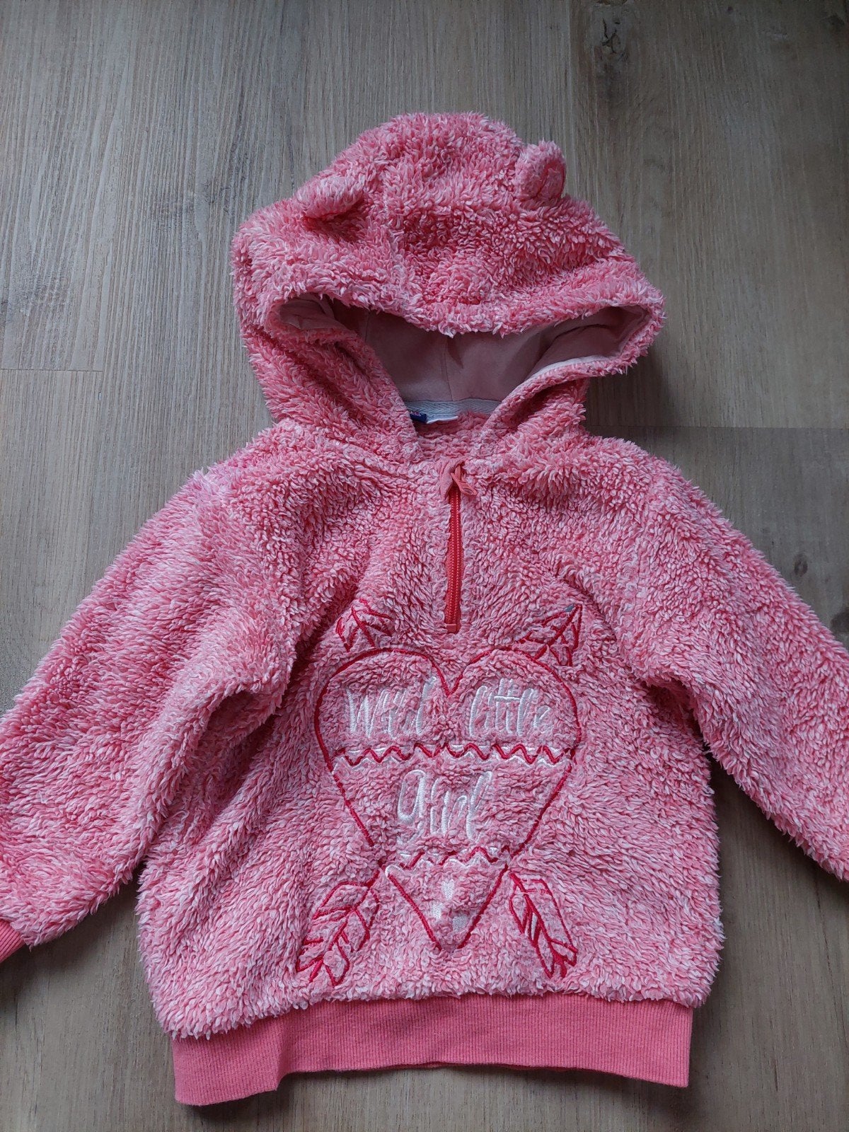 Roze fleece trui met capuchon en uil-opdruk, maat 86/92, Gebruikt, Meisje, Trui of Vest, Ophalen of Verzenden