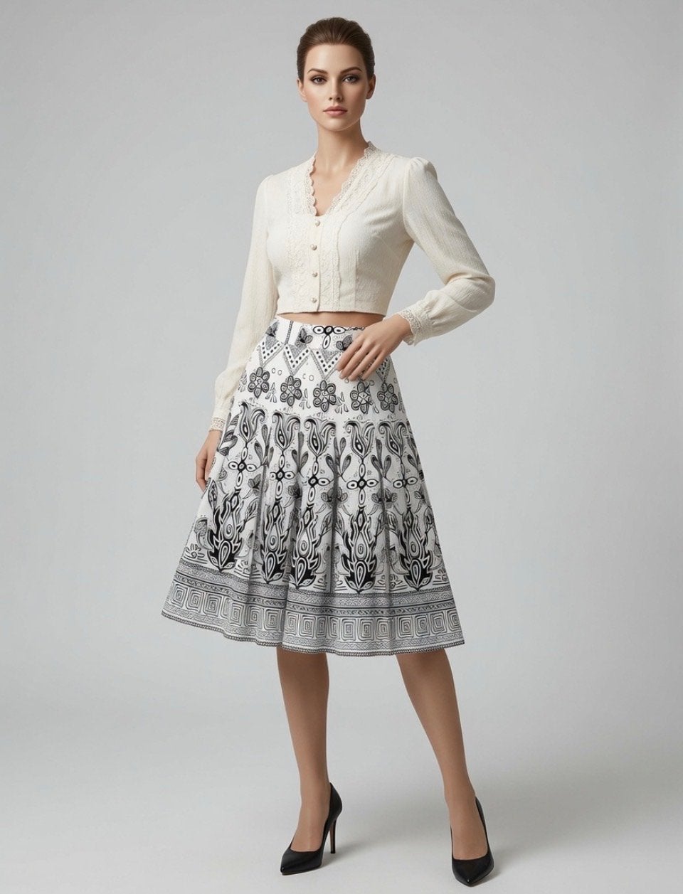 Zwart-witte rok met paisley en bloemenprint, Kleding | Dames, Rokken, Zwart, Maat 42/44 (L), Ophalen of Verzenden, Zo goed als nieuw