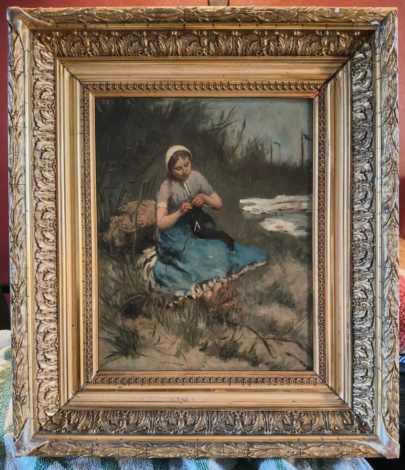 B.Blommers - Het breistertje (eigentijds studiowerk), Antiek en Kunst, Kunst | Schilderijen | Klassiek, Ophalen of Verzenden
