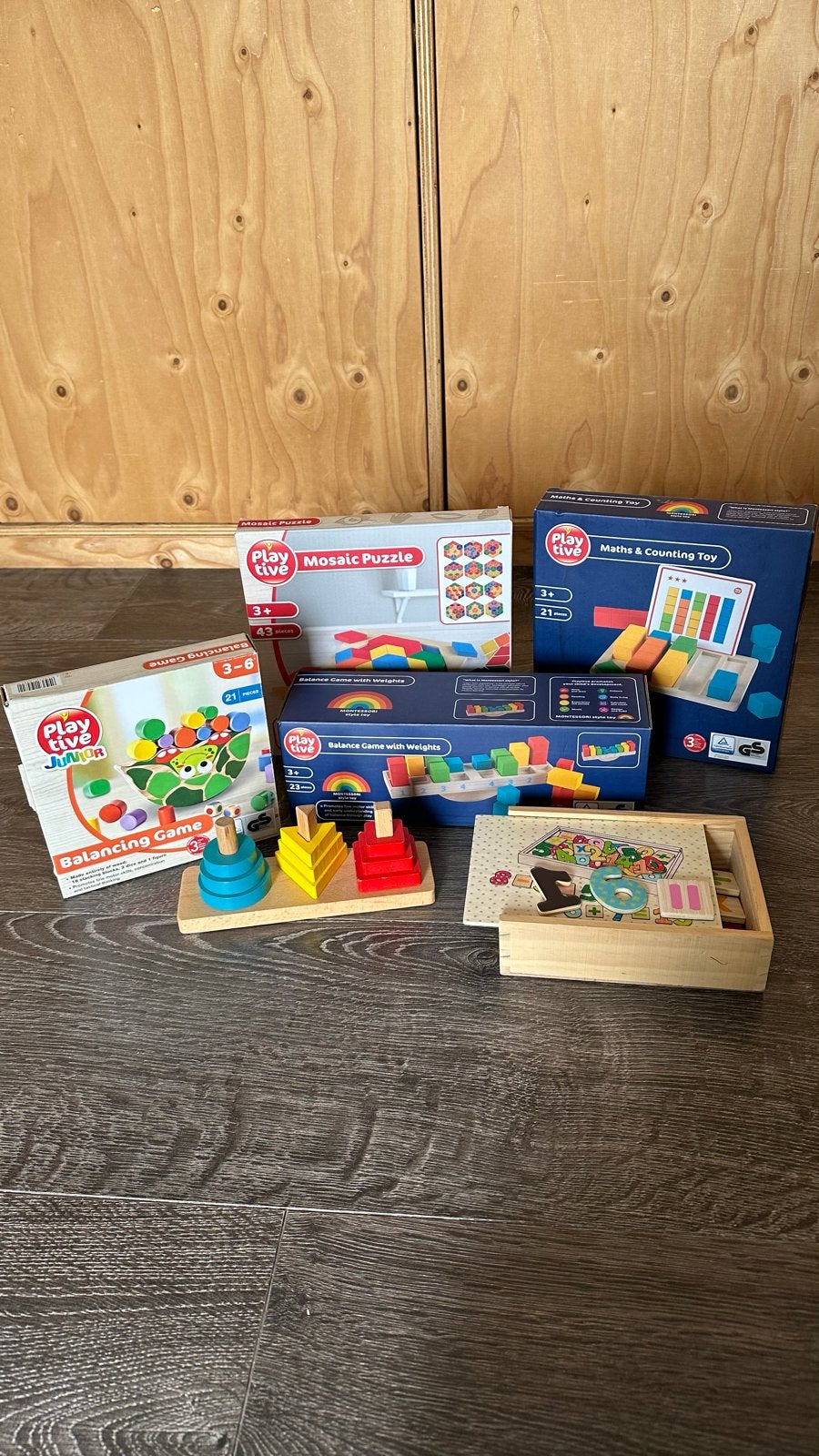 Houten Educatief speelgoed pakket: Balans, Mozaïek, Rekenen, Ophalen, Zo goed als nieuw, Puzzelen