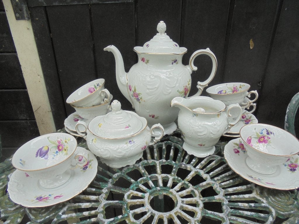 Koffieservies KPM met grote bloemboeketten / roze roos, Ophalen of Verzenden