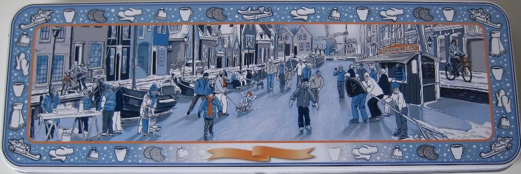 blik van de Postcode loterij - stroopwafels - wintertafereel, Verzamelen, Blikken, Ophalen of Verzenden, Zo goed als nieuw, Koek(jes)