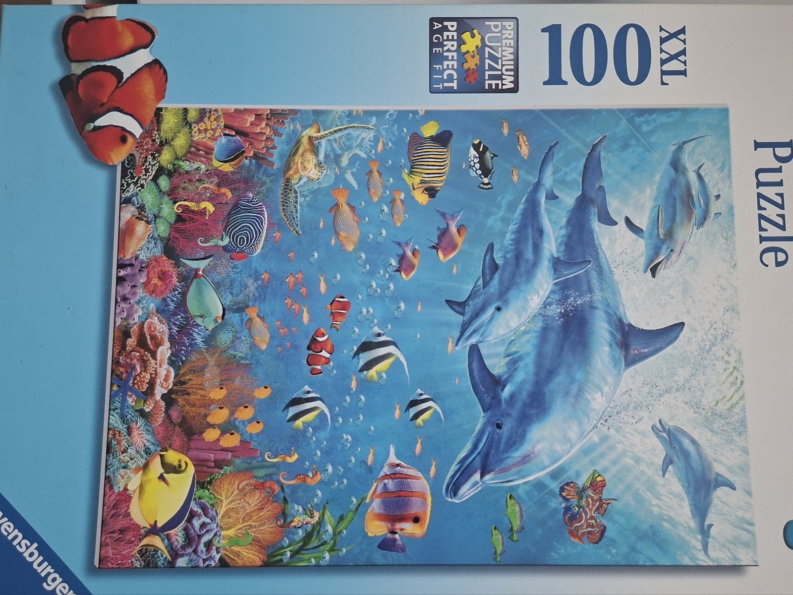 Ravensburger XXL 100 stukjes puzzel dolfijnen en vissen, Hobby en Vrije tijd, Ophalen of Verzenden, Minder dan 500 stukjes, Zo goed als nieuw