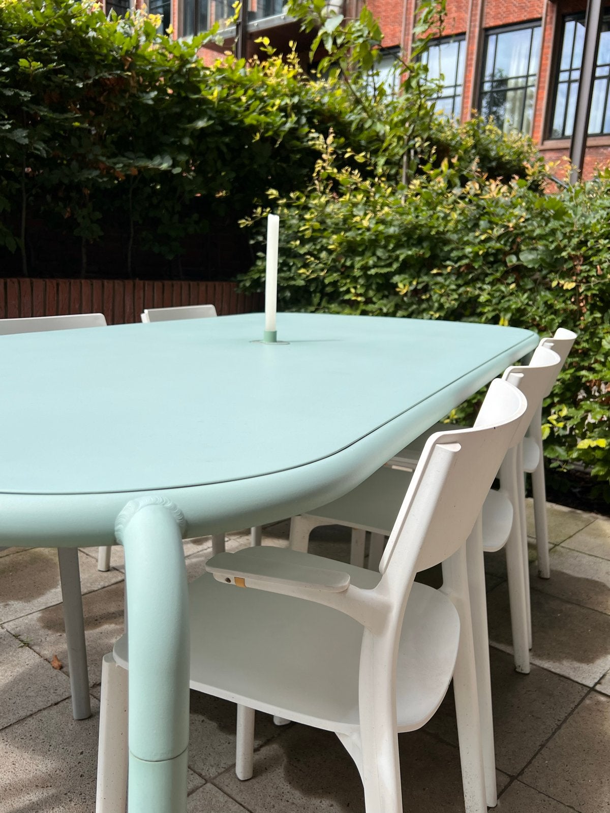 Fatboy Buiten Eettafel (mintgroen) + 6 stoelen, Ophalen, Zo goed als nieuw, Rechthoekig, Metaal