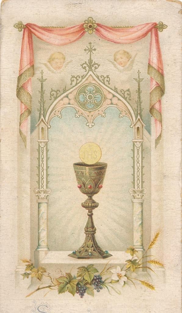 Mooi oud devotieprentje met kelk en hostie met gebed 1897, Verzenden, Zo goed als nieuw, Kaart of Prent, Christendom | Katholiek