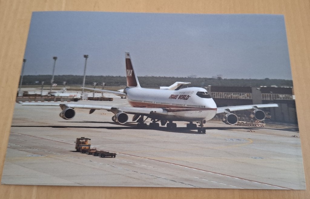 Foto van TWA Boeing 747 - 1984, Verzenden, Nieuw, Kaart, Foto of Prent