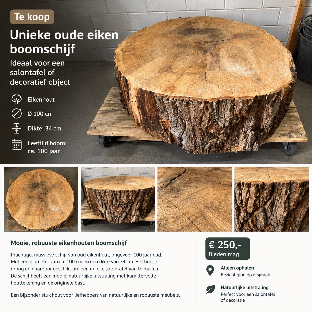Boomstamschijf/ salontafel, Ophalen, 100 tot 150 cm, Eikenhout, 50 tot 100 cm