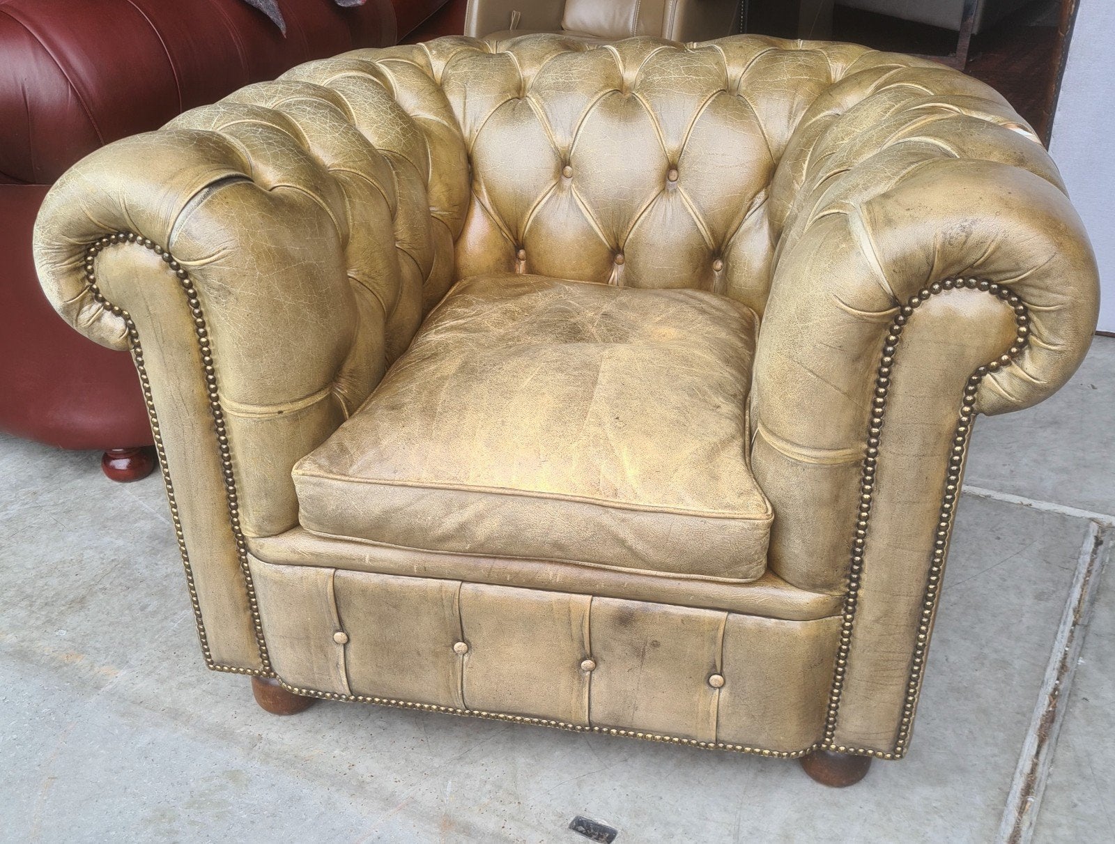 Chesterfield fauteuil oud groen + BEZORGING GRATIS, Gebruikt, ., Chesterfield, Ophalen of Verzenden