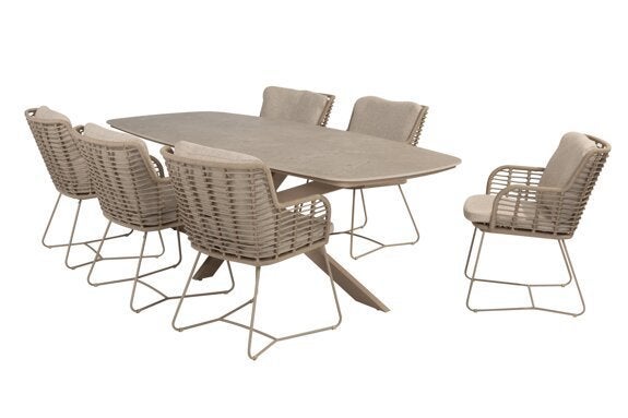 Fabrice dining stoelen latte + Prado barrel tafel 240 x 105, Niet ingevuld, Overige materialen, 6 zitplaatsen, Nieuw