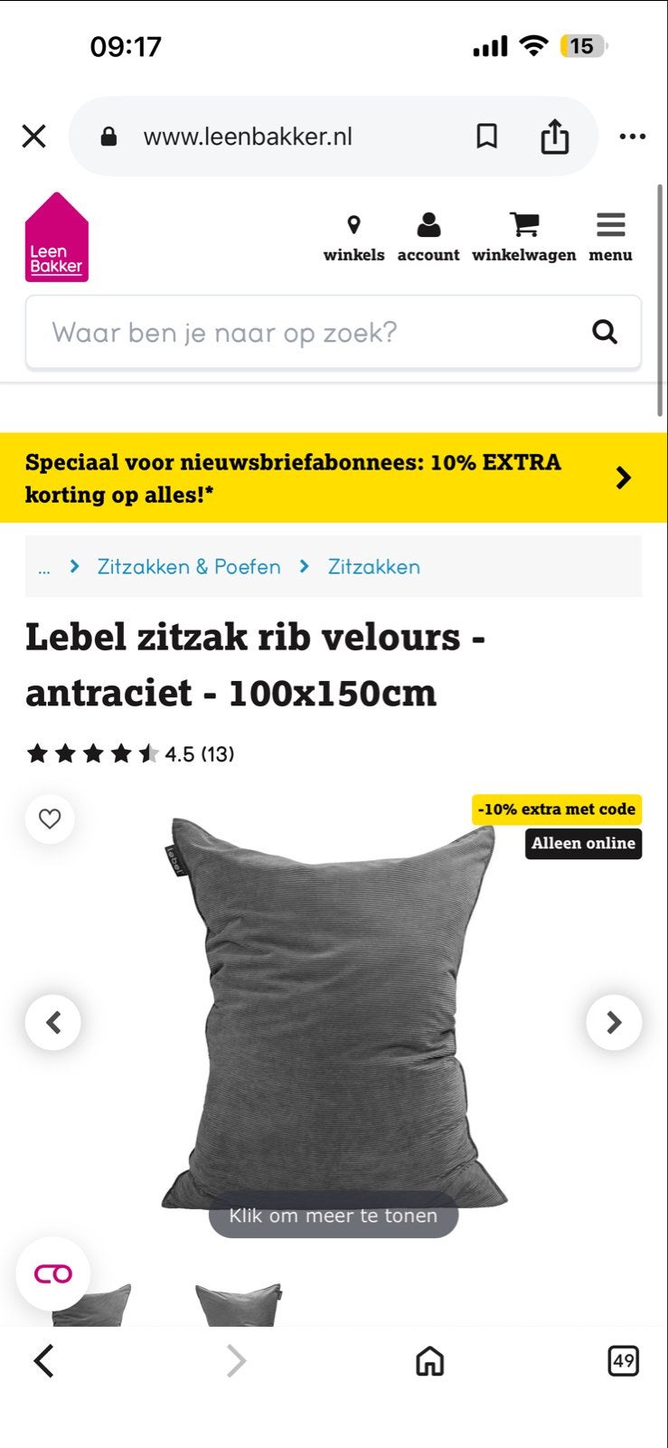 Zitzak Lebel zgan, Huis en Inrichting, Zitzakken, Ophalen, Zo goed als nieuw, Grijs, Zitzak