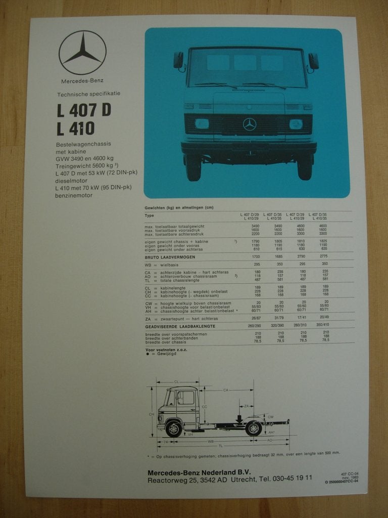 Mercedes 407 410 Technische Specificatie Brochure 1983 407D, Zo goed als nieuw, Mercedes-Benz, Mercedes, Ophalen of Verzenden