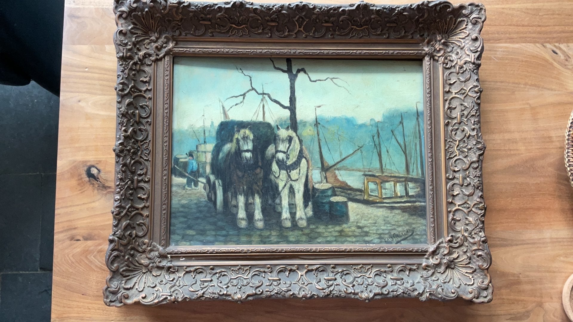 Oud schilderij met paarden en havengezicht, Ophalen of Verzenden