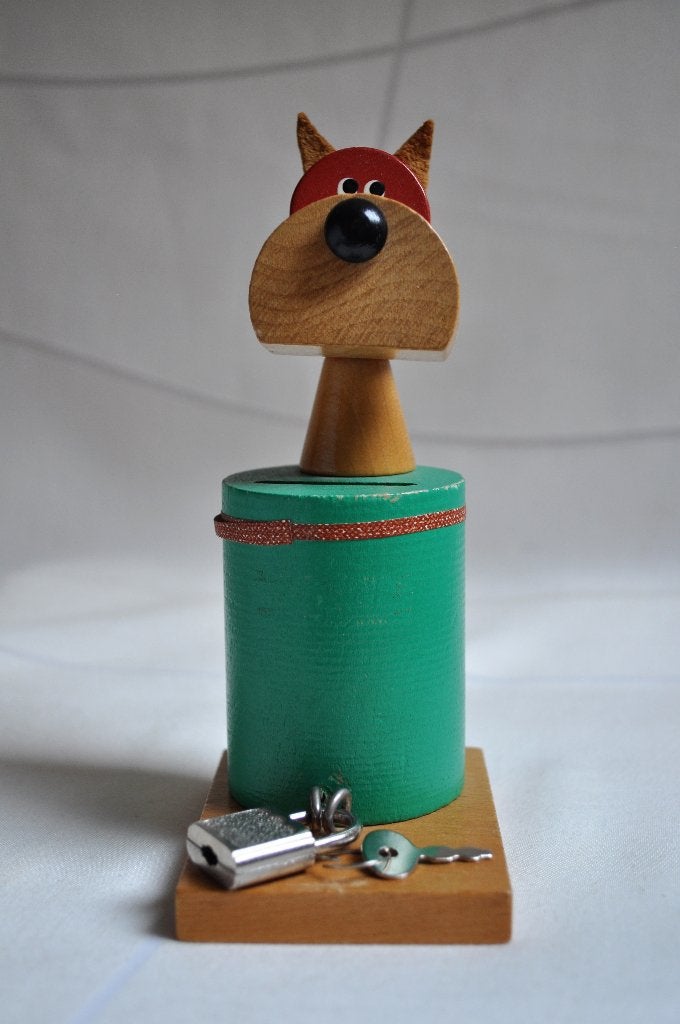Vintage Spaarpot Hond Hout 16 cm, Verzamelen, Spaarpotten, Ophalen of Verzenden, Overige materialen, Dier