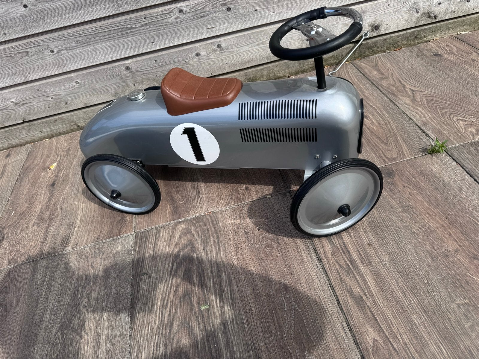 Retro loopauto zilver met nummer 1, Kinderen en Baby's, Speelgoed | Speelgoedvoertuigen, Ophalen of Verzenden, Zo goed als nieuw